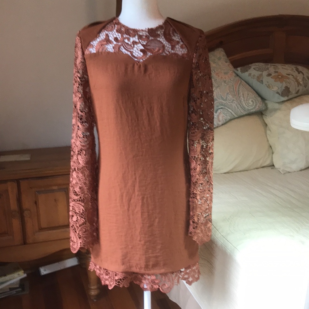 Line and Dot Revolve Brown Dress with Lace Size Medium